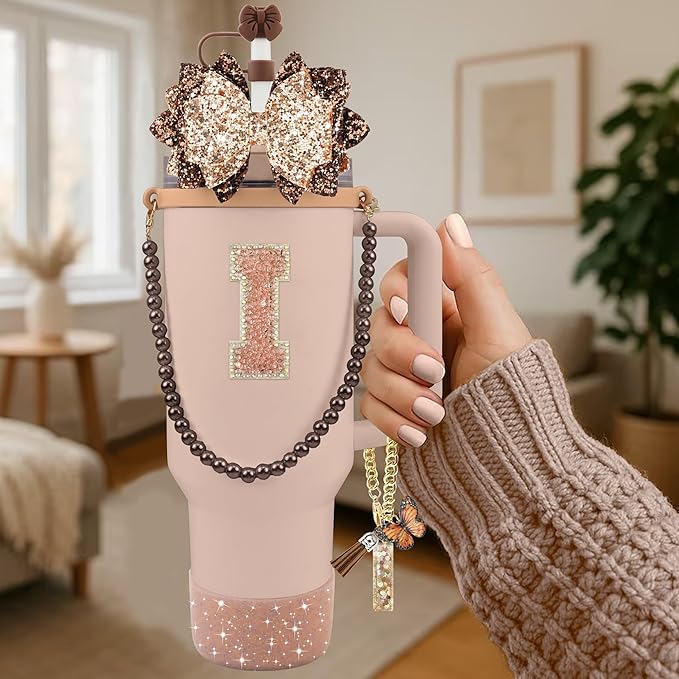 9PCS Brown for Stanley Cup Accessories Set Bling Initials Bow Charms for Stanley Decorations 30/40 Oz Tumbler Accessories Including Bow Straw Topper, Handle Strap, Spill Stopper（Letter I）