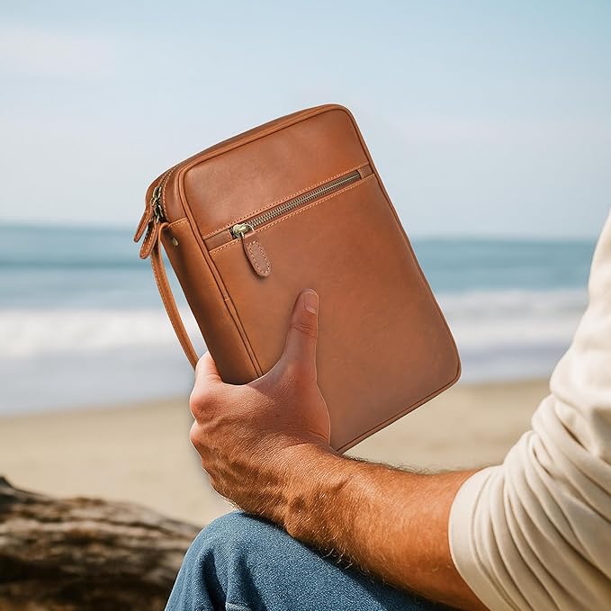 LEATHER VILLAGE Genuine Leather Bible Cover with Zipper for Men & Women - Large Bible Case Carrying Bag Book Cover & Organizer with Handle and Pockets - Leather Bible Covers for Church Study - Tan