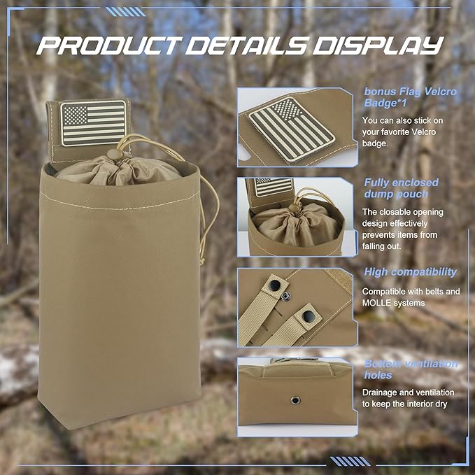 Tactical Dump Pouch for Battle Belt & MOLLE Systems | Foldable Mag Pouch with Drawstring Closure | for Hunting, Duty, Paintball | Includes Flag Patch
