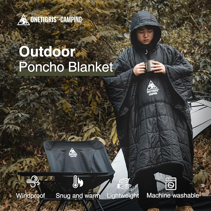 ONETIGRIS Camping Blanket Poncho with with Recycled Synthetic Insulation,Wearable Hoodie Blanket | Ultralight Water-Resistant Warm Camping Blanket for Outdoor, Hiking, Stadium