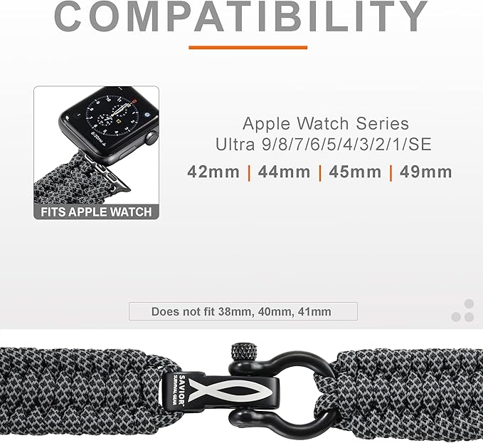Savior Survival Gear Paracord Watch Band, Compatible with Apple Watch Band 49mm 46mm 45mm 44mm 42mm, iWatch Band Series Ultra 10 9 8 7 6 5 4 3 2 1 SE, Adjustable strap for men (Black Reflective,Large)