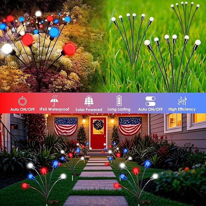 OZS 6 Pack Solar American Flag Lights - 4th of July Solar Garden Outdoor Waterproof Firefly Light for Memory Day, Independence Day, National Day Decoration (Red White Blue)