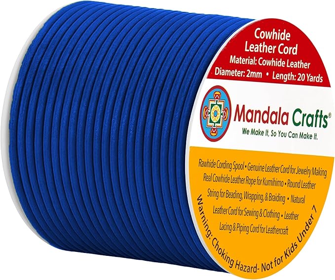 Mandala Crafts Round Genuine Blue Leather Cord for Jewelry Making – 2mm Cowhide Leather Rope String Lace for Kumihimo – 20 Yards Cowhide Craft Cording Spool
