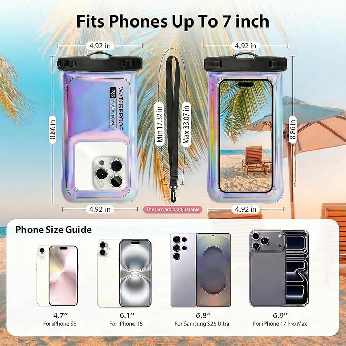 Floatable Waterproof Phone Pouch Case for iPhone 17 16 Pro Max/15/14, IP68 Travel Cellphone Dry Bag Beach Cruise Ship Essentials Bags with Crossbody Lanyard, Iridescent Purple with Word - 7″