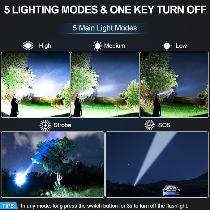 Banral Rechargeable Tactical Flashlights 2000 High Lumens - 5000mAh Super Bright LED Powerful Flash Light, Waterproof Handheld USB C Flashlight for Home,Car,Camping,Emergencies,5 Modes (1, Black)