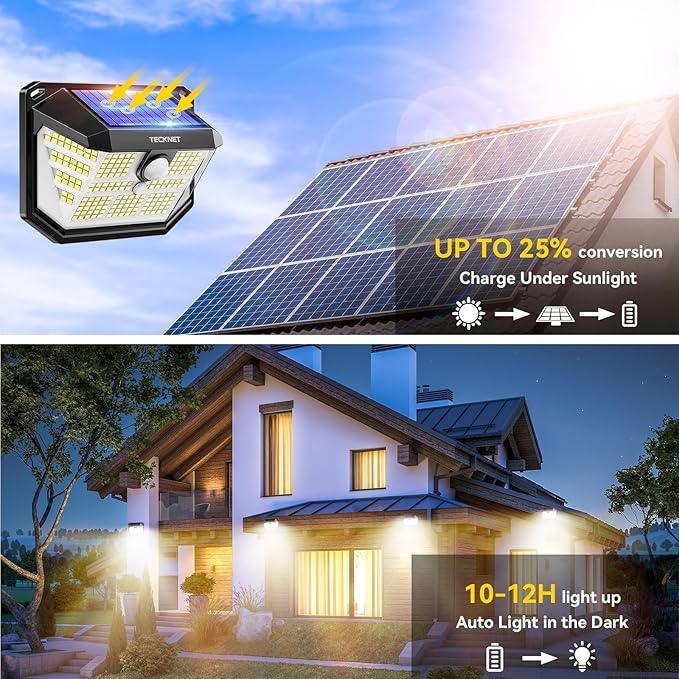 TECKNET 231 LED Motion Sensor Outdoor Lights, 6 Pack, 300° Solar Security Wall Lights, 3 Lighting Modes, IP65 Waterproof, PIR Motion Sensor for Outside, Fence, Garden, Yard, Deck, Garage - Warm White