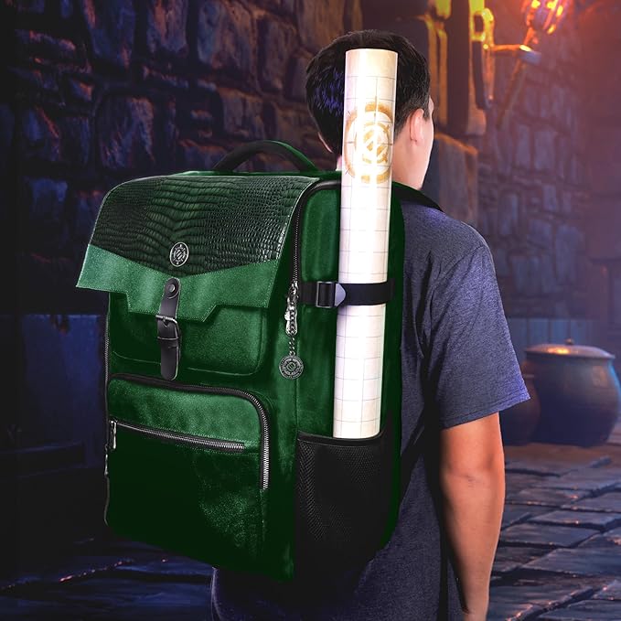 ENHANCE Collector's Edition DnD Backpack - RPG DM Bag for Dungeons and Dragons - DnD Bag fits 6-8 Books, 18" Laptop/DM Screen Slot, Miniature Foam Trays, Accessory Pockets, Map Strap (Dragon Green)