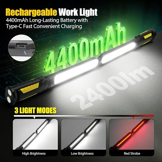 SYLSTAR Work Light for Mechanic, 2400LM LED, 4400mAh Rechargeable, Magnetic, Underhood Work Light with Hooks for Car Repairing, Job site, Garage, Workshop, Emergency(Yellow)