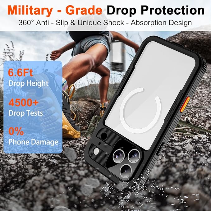 Phone Case for iPhone 17 Pro, IP68 Submersible [6.6FT] Military Grade Waterproof Shockproof with MagSafe Compatible Wireless Charging, Built-in Screen Protector for Swimming Outdoor Sports
