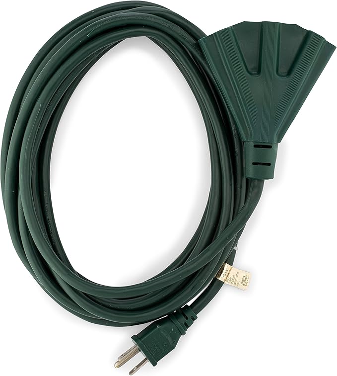 Holiday Lighting Outlet 15-Foot Green Extension Cord, 3-Prong Indoor & Outdoor Splitter, Perfect for Landscape Lighting