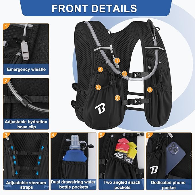 BECOJADDE Running Vest Hydration Backpack for Men Women, 5L Lightweight Running Backpack Hydration Pack for Marathon, Trail, Cycling, Hiking, Jogging