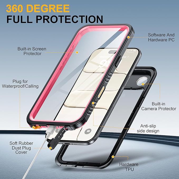 ANTSHARE for iPhone Air Case, IP68 Waterproof Shockproof Case, [Built-in Screen Protector] - 12 FT Military Dropproof - Full Body Heavy Duty Rugged Phone Cover 6.5 inches - Pink/Clear