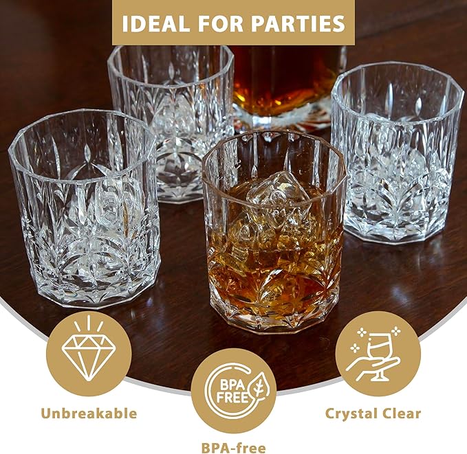 Lily's Home Unbreakable Acrylic Double Old Fashioned Whiskey Tumblers, Drinking Glasses for Liquor,Rum-Premium Shatterproof Glasses, ideal for indoor/outdoor,are reusable & crystal clear-13oz Set of 4
