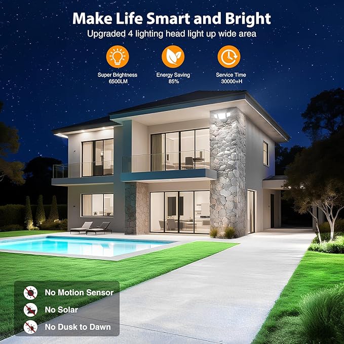 Onforu 65W Smart LED Flood Lights Outdoor, 6500LM Brightness Adjustable, APP Control Tunable 2700K-6500K, WiFi Alexa Security Lights with Timer & 4 Lighting Head, Exterior Floodlight for Yard Garage