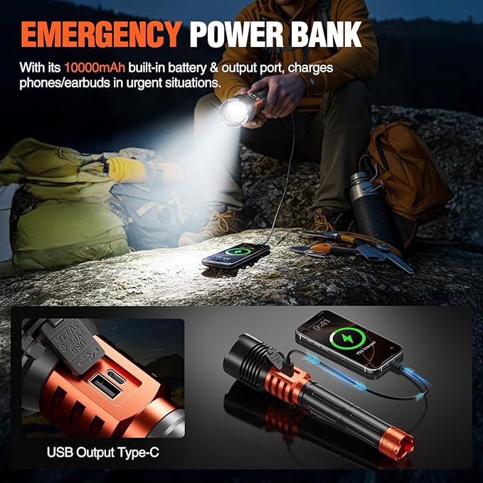 Wdtpro Rechargeable LED Flashlights High Lumens, Super Bright 90,000LM Rechargeable Flashlight with LCD Display, 5 Modes & Waterproof Powerful 10000mAh Handheld Flashlight for Camping Emergency Orange