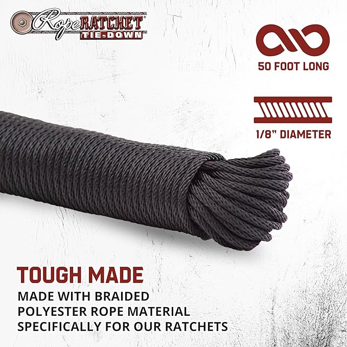 Rope Ratchet 3/16" 50 ft Braided Polypropylene Utility Cord, Weather Resistant Indoor Outdoor for Gardening, DIY Projects, Securing Loads, Binding, Knot Tying, Tarp Use, 110 lb Capacity - Black