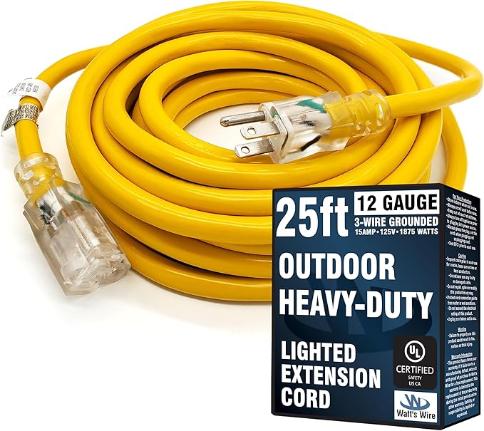 25 ft Outdoor Extension Cord Waterproof - 12 Gauge Heavy Duty Extension Cord 25 ft - Lighted Outdoor Extension Cords - Watts Wire - 25' Grounded - extensiones electricas