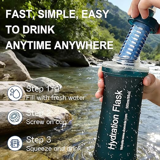 AXEN Collapsible Water Bottle with Filter System, Soft Hydration Flask for Trail Running, Camping, Hiking, Cycling, 500ml Slate Green