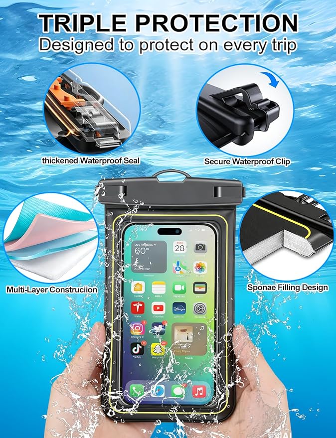 Famoby 4 Pack IP68 Waterproof Phone Pouch (2 Pack Floating and 2 Pack Sinking Waterproof Phone Pouch) Adjustable Neck Lanyard Dry Bag for Apple iPhone,Samsung,and up to 8.5" Black,White