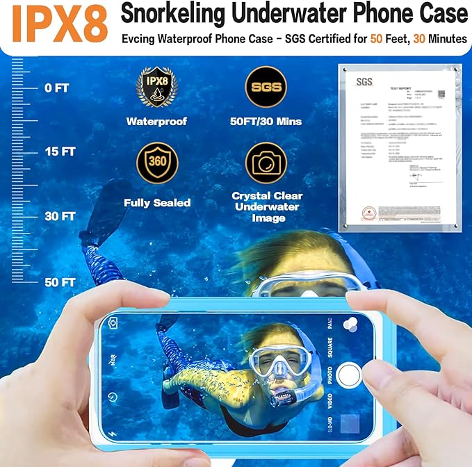 Waterproof Phone Case, Underwater Phone Cases for Snorkeling, IPX8 Diving Case, 360 Full Body Protection for iPhone 16 Pro Max/15/14/Galaxy S24, Up to 6.9 Inch, Beach Cruise Essentials (Blue)