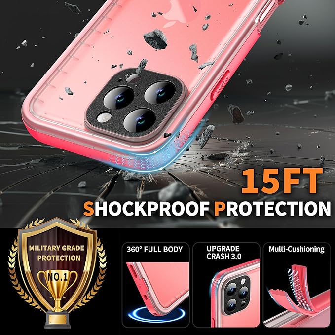 Cozycase for iPhone 16 Pro Case Waterproof - 360 Heavy Duty with Screen/Camera Protector Shockproof IP68 Underwater Dustproof Water Dust Shock Proof Full Body/Front and Back Case Pink/Frosted Clear