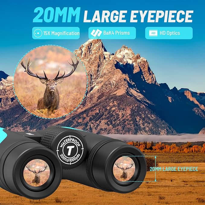 15x55 UHD Binoculars for Adults High Powered with Phone Adapter - Large View, BAK4 Prism, Waterproof, Lightweight for Bird Watching, Hunting, Cruise, Travel, Sports (Blue)