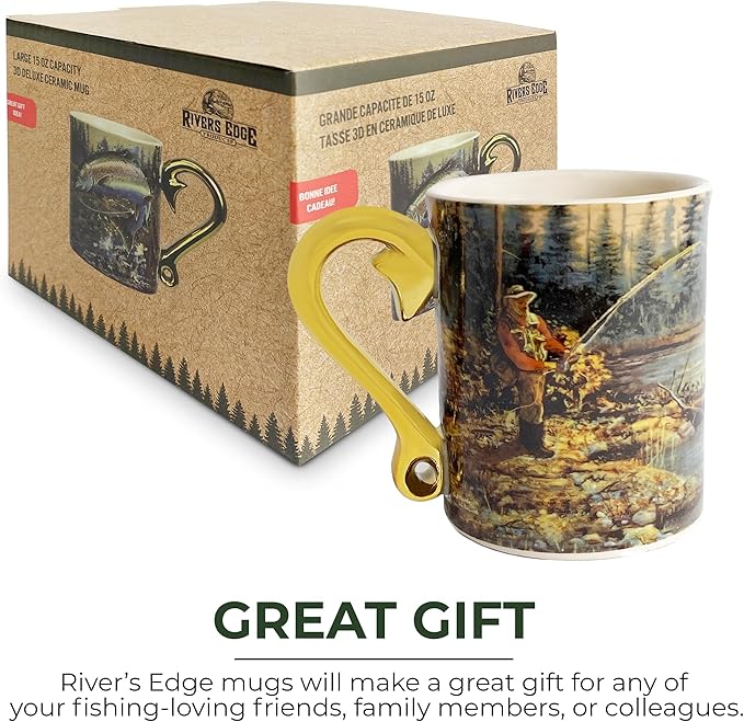 Rivers Edge Products 3D Ceramic Coffee Mug with Handle, 15 Ounces, Espresso Cups and Coffee Cups Ceramic, Perfect for Coffee, Expresso, Latte, or Tea