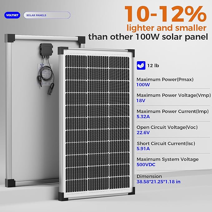 Voltset 100W 12V Solar Panel, High Efficiency 9BB Cell Monocrystalline Solar Panels IP67 Waterproof, Suitable for RV, Marine, Rooftop, Home, Yacht, Off-Grid Applications (100W Single Panel)