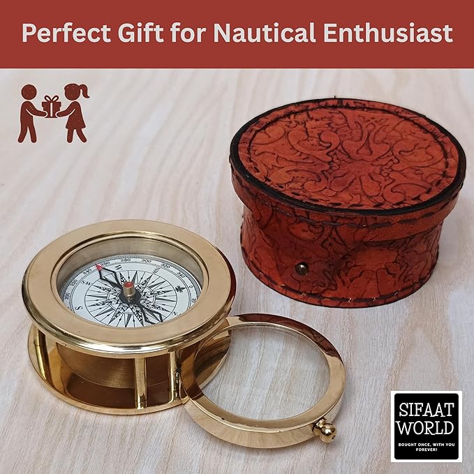Vintage Brass Compass with Wooden Box – Antique Navigation Compass for Hiking, Camping, Gifts & Home Decor – Classic Map Reading Compass for Men