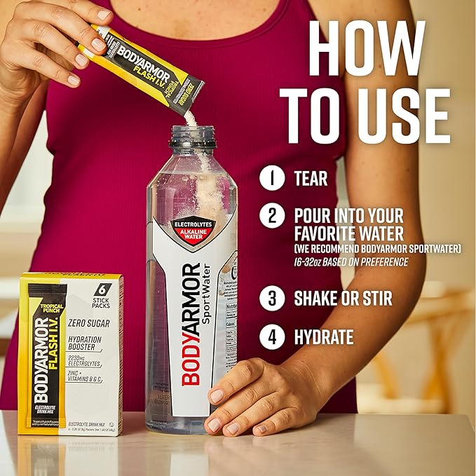 BODYARMOR Flash I.V. Electrolyte Packets, Tropical Punch, Zero Sugar Drink Mix, Single Serve Packs, Coconut Water Powder, Hydration for Workout, Travel Essential, Just Add Sticks to Liquid (15 Count)