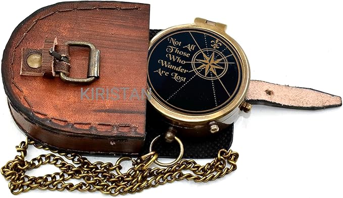 Vintage Brass Compass Not All Those Who Wander are Lost, Engraved Antique Pocket Compass with Leather Case, Inspirational Graduation Gift for Men, Hiking Camping Navigation Nautical Compass