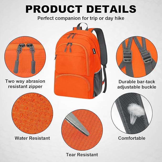 HOLYLUCK 20L Lightweight Packable Hiking Daypack Foldable Backpack for Men Women Small Travel Outdoor Foldable Shoulder Bag-orange