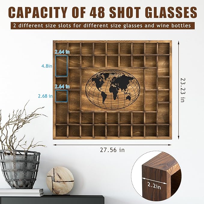 GlikCeil 44 Slots 28 x 23'' Medium World Map Shot Glass Display Case Rustic Wood Shot Glass Holder for Different Size Wineglass Bar Shelf Organizer Storage Cabinet Decor