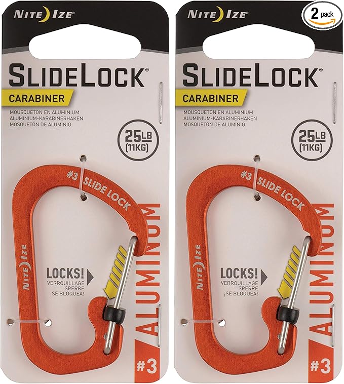 Nite Ize SlideLock Carabiner Aluminum, Size #3, Orange (Pack of 2)