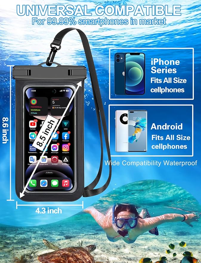 Famoby Up to 8.3" 3 Pack Black Universal Waterproof Phone Pouch, Phone Waterproof Case Dry Bag,Protection Level: IP68,Outdoor Sports for Apple iPhone,Samsung,and More,Black
