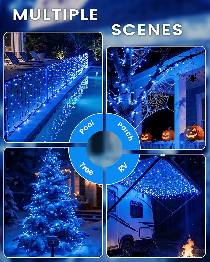 OZS 2PK 240LED Solar String Lights Outdoor Waterproof | Solar Christmas Lights Outdoor with 8 Lighting Modes, Solar Lights Outdoor String for Outside, Xmas Party Garden Tree Decorations (Blue)