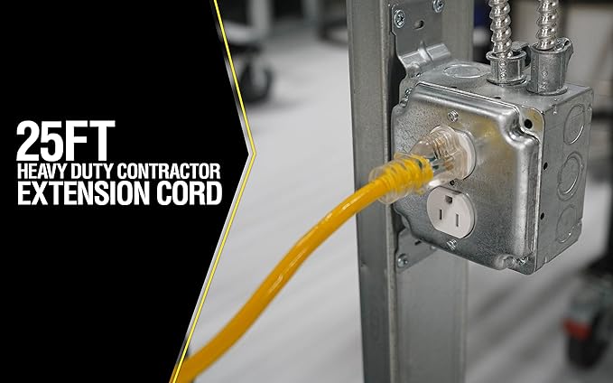 Southwire Yellow Jacket Heavy Duty Extension Cord - Outdoor Power for Tools & Equipment - Lighted End with SJTW Jacket & Three Prong Plug - 25 Foot