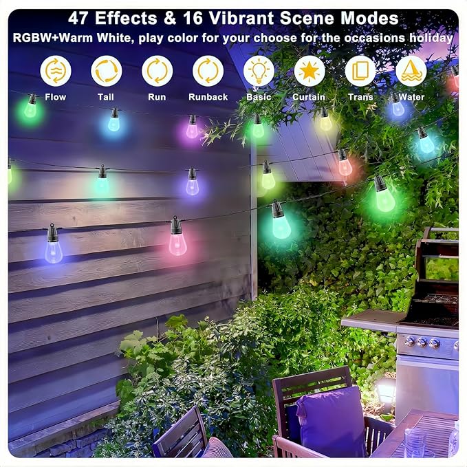 Outdoor String Lights 49ft, Outdoor Lights for Patio String Lights for Outside with 15 Dimmable LED Bulbs IP66 Waterproof, Shatterproof,APP Control & Remote Customizable Colors for Backyard Decor