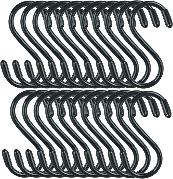DINGEE 30 Pack Vinyl Coated Heavy Duty S Hooks for Hanging Plants, Clothes, Non Slip Steel Metal Black Rubber Coated Closet S Hooks for Hanging Jeans, Jewelry, Pot, Pan