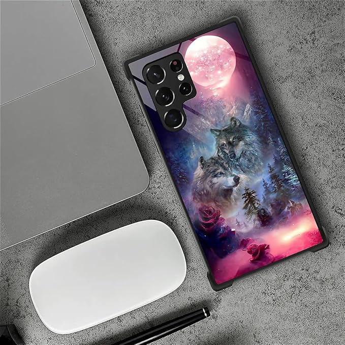 for Samsung Galaxy S23 Ultra Case, Star Two Wolfs Howling Pattern Graphic Design Girl Boy Soft Silicone Hard Acrylic Shock Protection for Samsung Galaxy S23 Ultra