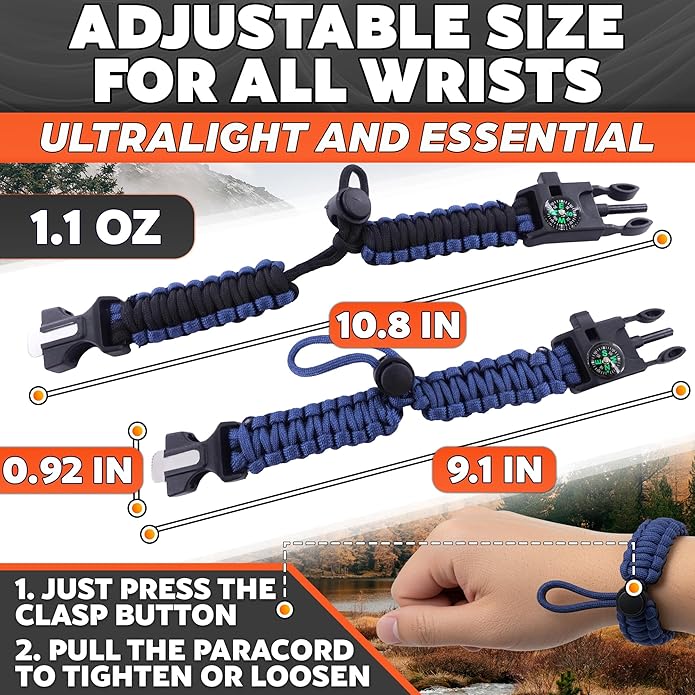 Paracord Bracelets for Men and Women – Adjustable Survival Paracord Bracelet with 10 ft Nylon Survival Cord, Flint Fire Starter, Compass, Whistle & Scraper – Gear for Camping, Hiking, Fishing & Travel