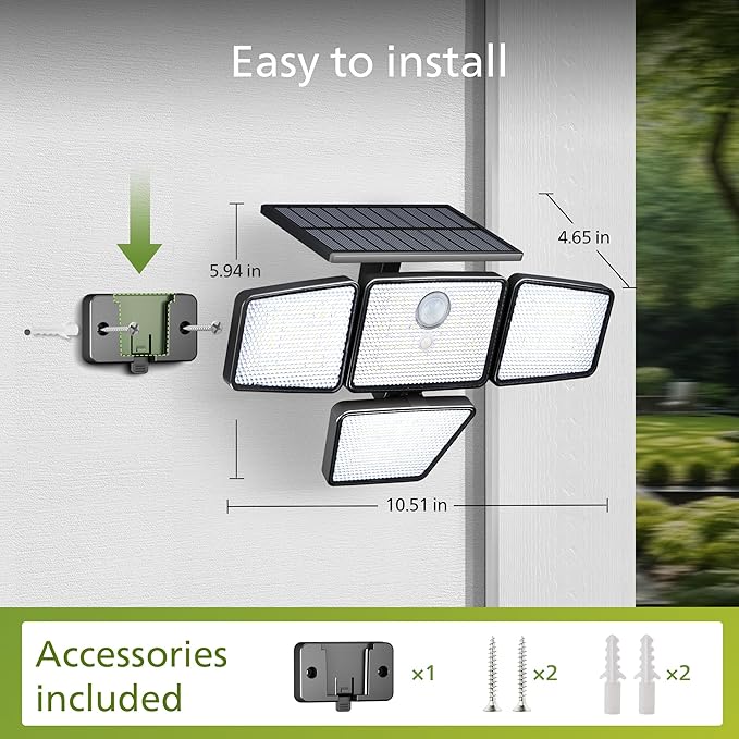 Philips Solar Security Light Outdoor, 196 LED Wall-Mounted Flood Light w/PIR Motion Sensor, 3 Modes, 4 Adjustable Heads Solar-Powered Floodlights with Remote Control, IP65 Waterproof 4PK