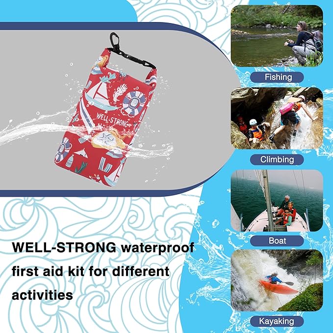 Boat First Aid Kit Waterproof, WELL-STRONG Marine Emergency Kit with Roll Top Dry Bag for Boating Fishing Kayaking – Water-Resistant Contents for Camping & Beach（Red Sea）