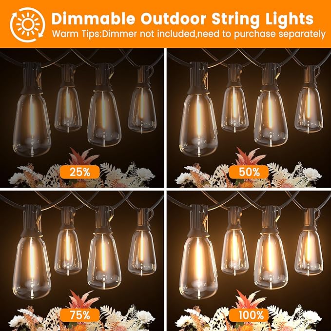 LED Outdoor String Lights 200ft ST38 Waterproof Patio Lights with 106 Vintage Shatterproof Bulbs(6 Spare), Dimmable Outside Hanging Edison String Lights for Backyard Porch Balcony Decor, Warm White