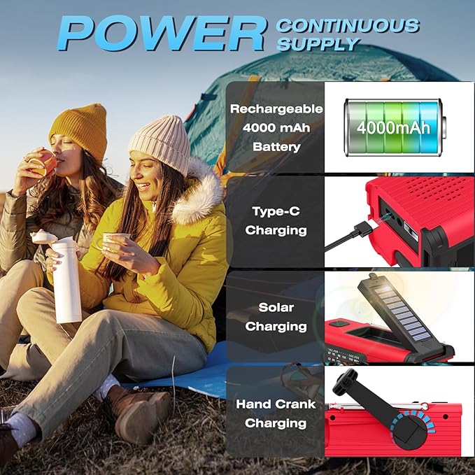 NITIGO Emergency Weather Radio, 4000mAh NOAA Weather Alert Radio Solar Charging, Hand Crank & USB Charged, AM/FM with LED Flashlight, Reading Lamp, SOS Alarm, Headphone Jack for Outdoor Indoor