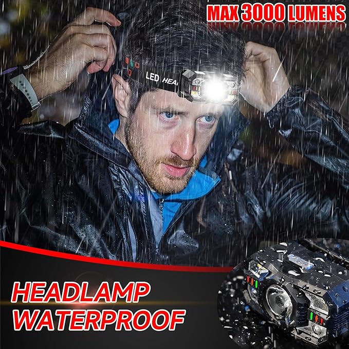 Headlamp Rechargeable 6Pack, 3000 Lumen Ultra-Light Bright Headlamp Flashlight with White Red Light, LED Headlight Motion Sensor, 5+5 Mode for Outdoor Camping Fishing Running Hiking (6)