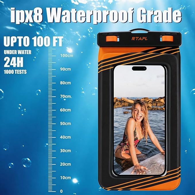 2 Pack IPX8 Floating Waterproof Phone Pouch - Case with Lanyard, Universal Protector for iPhone 17/16/15/14/13 Pro Max Plus & Galaxy S25/S24 (Orange)