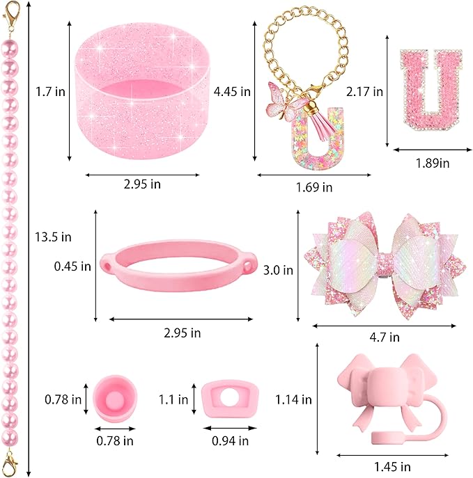 9PCS Pink for Stanley Cup Accessories Set Bling Initials Bow Charms for Stanley Decorations 30/40 Oz Tumbler Accessories Including Bow Straw Topper, Handle Strap, Spill Stopper（Letter U）