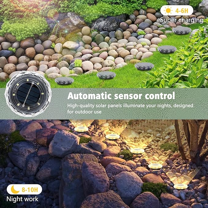 echosari 6 Pack Solar Ground Lights, Upgraded Solar Garden Lights Auto ON/Off Landscape Lighting Outdoor In-Ground Lights Waterproof Long Lasting for Pathway Walkway Patio (Warm White)
