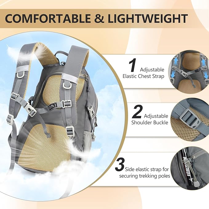 Small Hiking Backpack With Rain-cover, 20L Travel Backpacks For Women Men, Camping Daypack Backpacks Lightweight, Durable Hiking Backpack Fit For Camping, Daily Commuting, Short Trips (Grey)